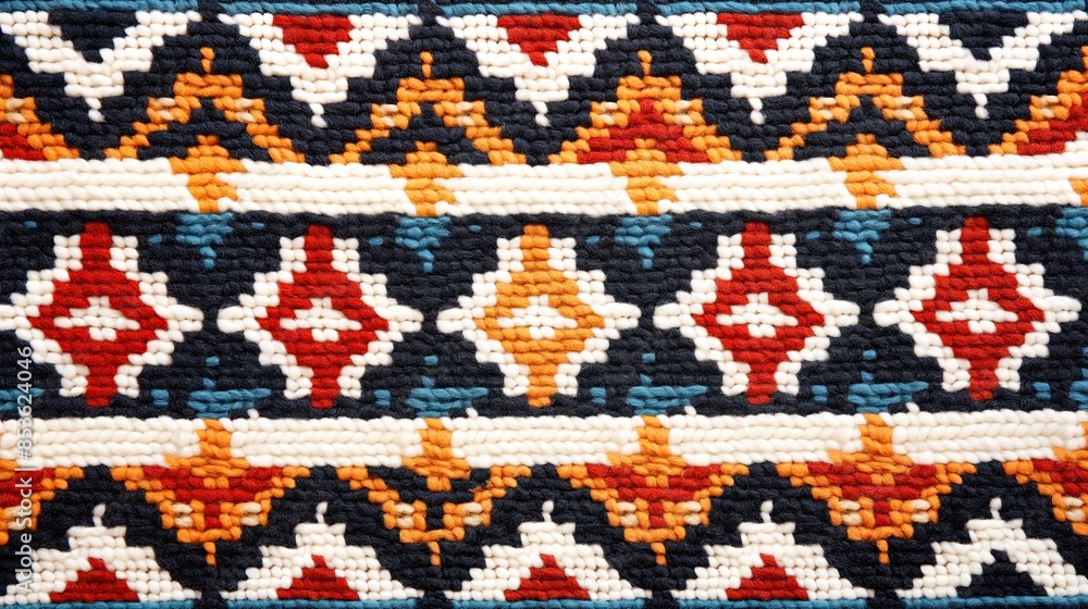 Close-up of a woven ethnic Sami Nordic textile with intricate geometric patterns in red, blue, orange, and white, featuring diamond and zigzag designs.. Close-up of a woven ethnic Sami Nordic textile with intricate geometric patterns in red, blue, orange, and white, featuring diamond and zigzag designs..