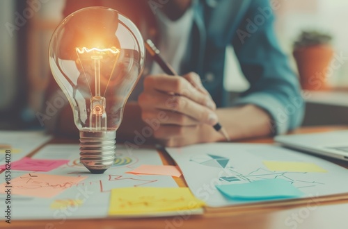 An engaging scene of business professionals brainstorming around an innovative light bulb with drawings and mind maps on the table, symbolizing creativity in digital marketing.