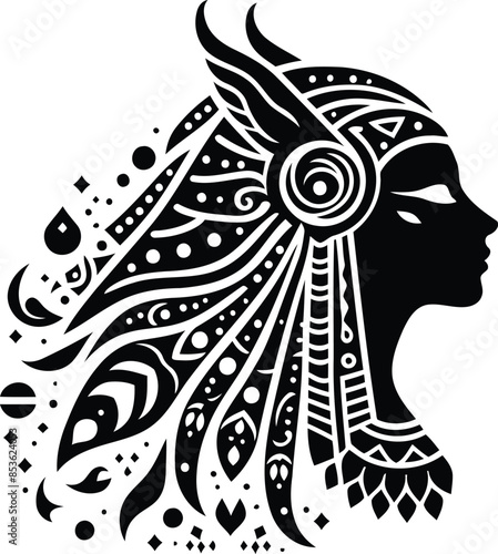 sphinx in silhouete with bohemian nature pattern illustration