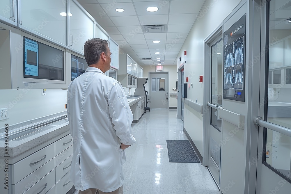 A doctor examining a patient's x-ray in a well-lit, modern hospital room. A doctor examining a patient's x-ray in a well-lit, modern hospital room.