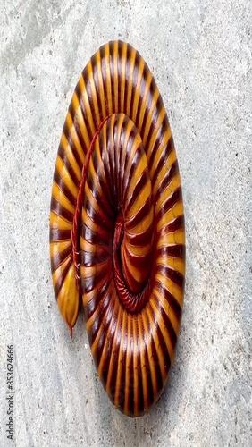 a millipede curling up into a spiral. Millipedes often curl up in this way as a defensive behavior to protect their softer body parts when they feel threatened photo