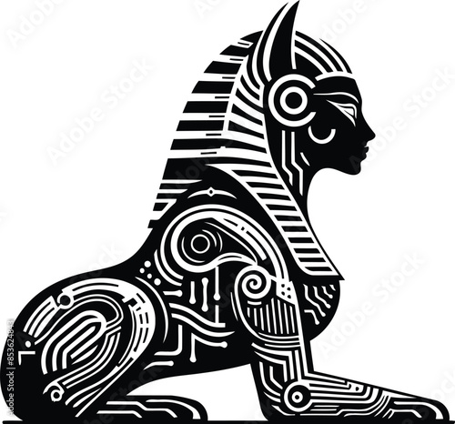 sphinx silhouete with cyberpunk pattern illustration