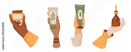 Cartoon isolated makeup cream tube in hand, natural antiaging hair care product pack, organic cleansing bodycare lotion bottle, flat moisturizing beauty shampoo jar, vector illustration.