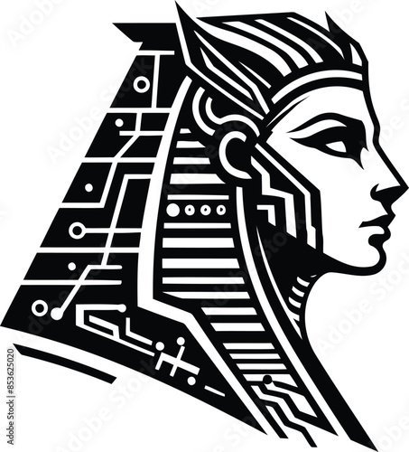sphinx silhouete with cyberpunk pattern illustration