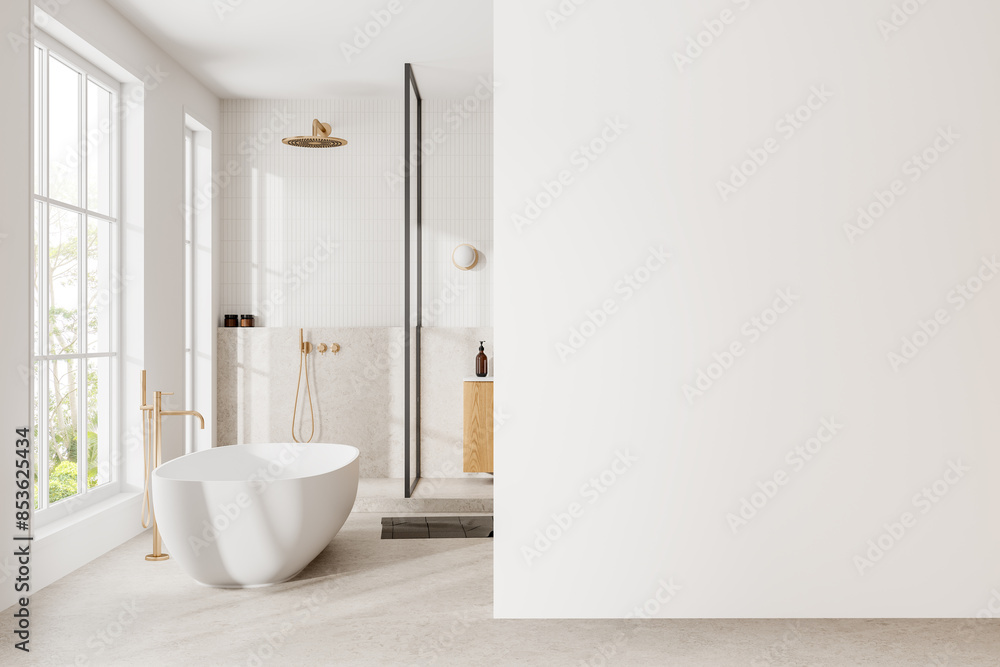 White hotel bathroom interior with tub and shower, window. Mockup wall White hotel bathroom interior with tub and shower, window. Mockup wall