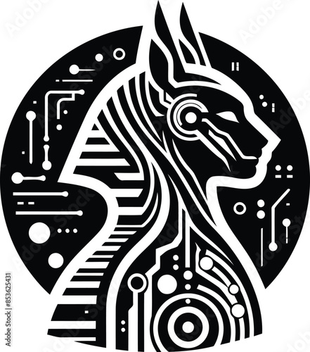 sphinx silhouete with cyberpunk pattern illustration