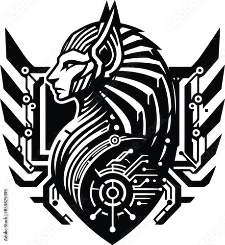 sphinx silhouete with cyberpunk pattern illustration