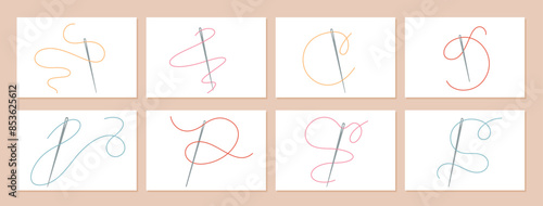 Needles threading colorful threads set in different curvy patterns. Cute illustration with needle and thread for sewing, needlework, and embroidery projects. Tailor tools for handmade craft designs.