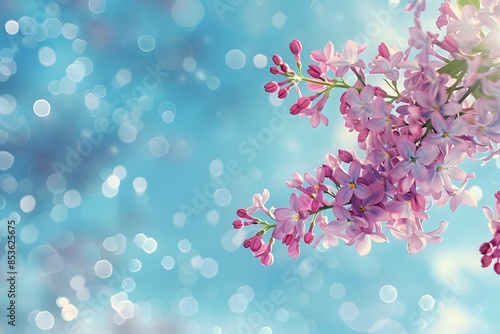 Beautiful lilac flowers branch on a blue sky background