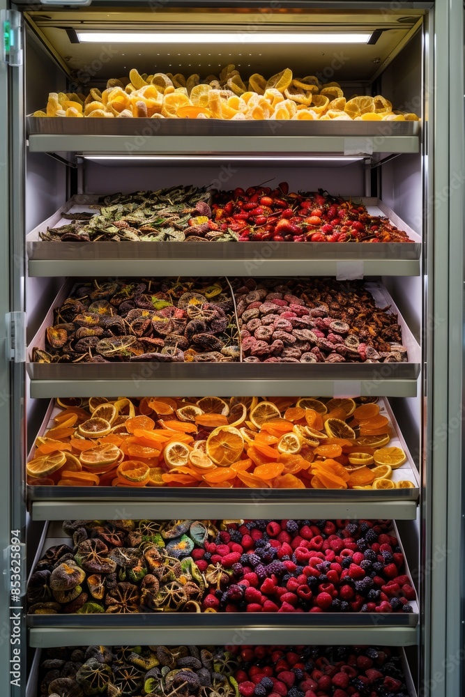 A colorful and well-stocked refrigerator filled with various types of food, including fruits, vegetables, meats, dairy products, and more
