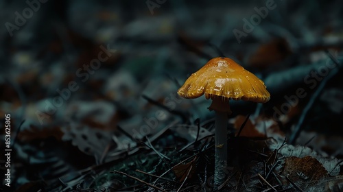 Small orange mushroom with a yellow cap. The mushroom is growing in a dark forest. The forest floor is covered with brown leaves. photo