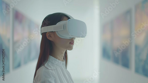 Young Woman Experiencing Virtual Reality in Modern Art Gallery Wearing VR Headset.