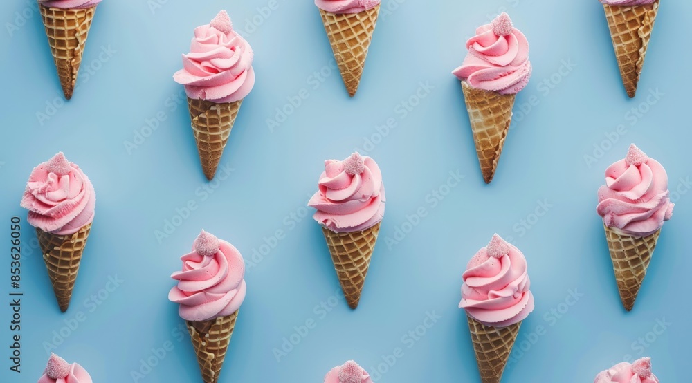 A blue background with a row of white ice cream cones A blue background with a row of white ice cream cones