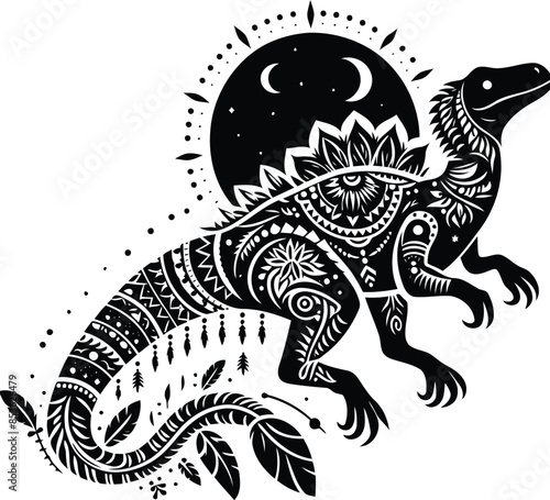 spinosaurus in silhouete with bohemian nature pattern illustration