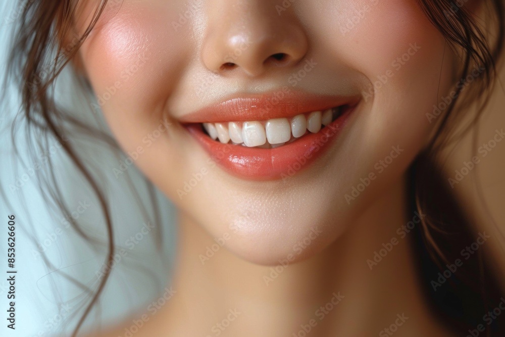 Close-up of a bright smiling Asian young woman child showing off healthy white teeth Close-up of a bright smiling Asian young woman child showing off healthy white teeth