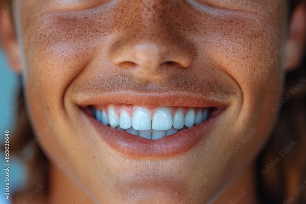 Close-up of a bright smiling European young man showing off healthy white teeth Close-up of a bright smiling European young man showing off healthy white teeth