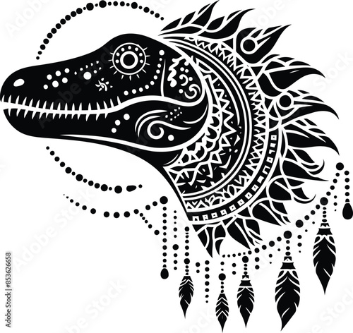 spinosaurus in silhouete with bohemian nature pattern illustration