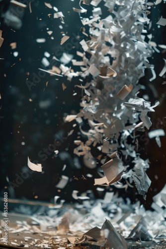 A pile of papers lifted off the ground and floating in mid-air