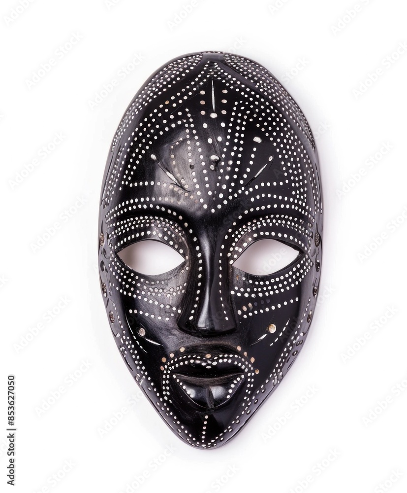 Traditional African mask with intricate colored details on a white background Traditional African mask with intricate colored details on a white background