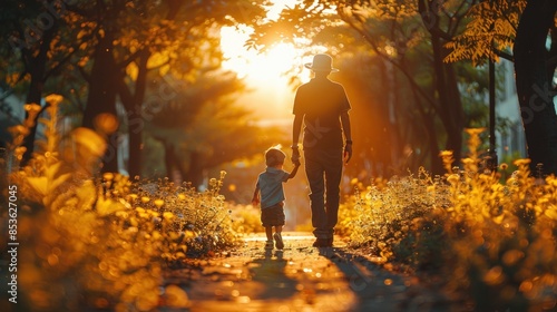 Father and son walking in the park in autumn. father's day concept © tetxu