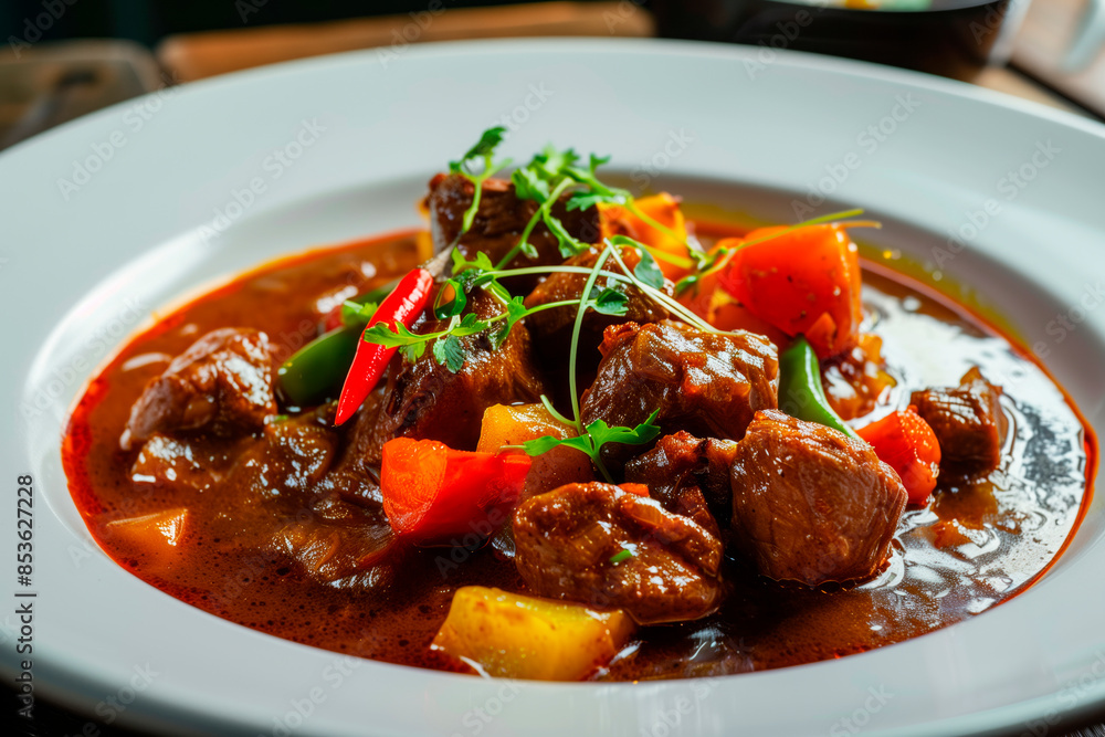 Stewed meat with vegetables in a white plate. Asian cuisine. Recipe Stewed meat with vegetables in a white plate. Asian cuisine. Recipe