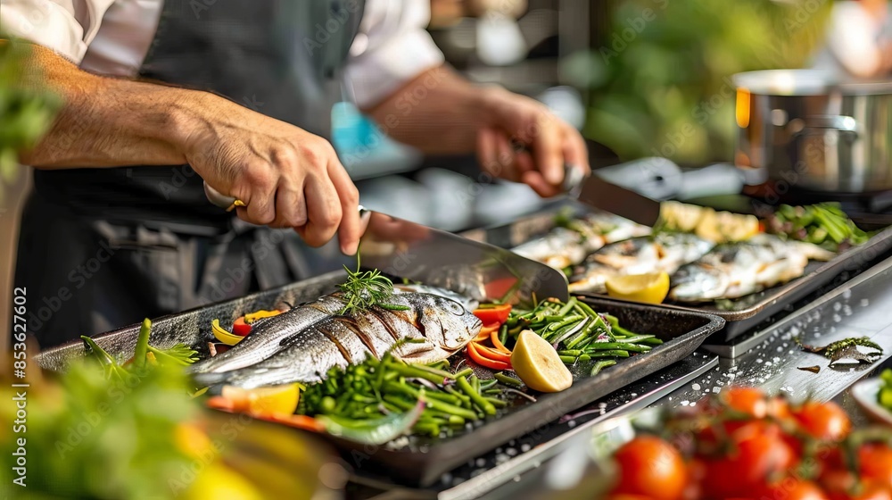 Obraz premium Chef skillfully filleting fish on a wooden cutting board for culinary preparation