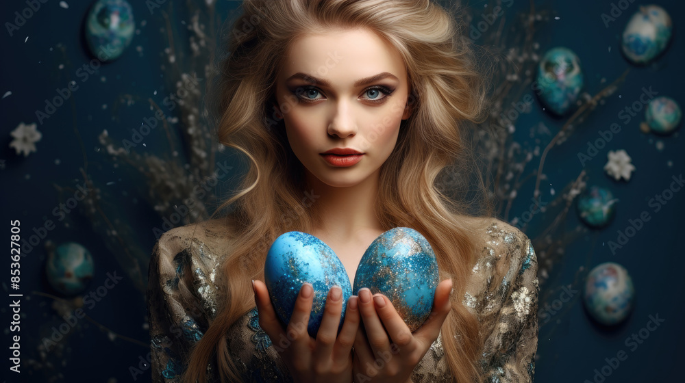 Naklejka premium A young woman with captivating blue eyes holds glittery Easter eggs in her portrait, Ai Generated.