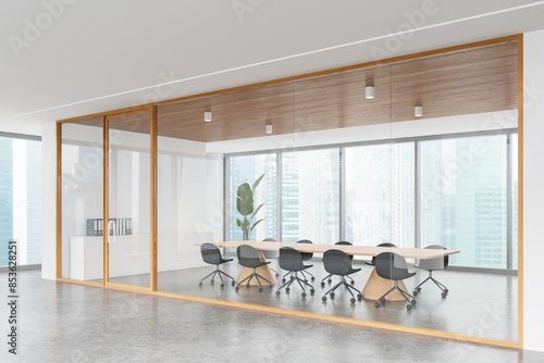 Photography Cozy conference interior with meeting board and chairs, panoramic window