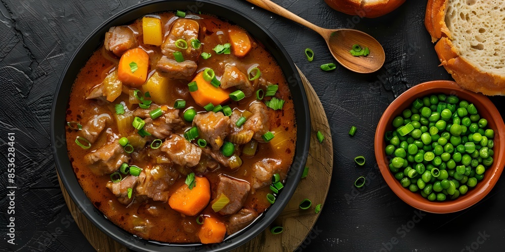 Argentinian Locro Stew with Meat, Vegetables, and Green Onion Garnish. Concept Stew Recipes, Argentinian Cuisine, Locro Stew, Meat Dishes, Comfort Food Argentinian Locro Stew with Meat, Vegetables, and Green Onion Garnish. Concept Stew Recipes, Argentinian Cuisine, Locro Stew, Meat Dishes, Comfort Food
