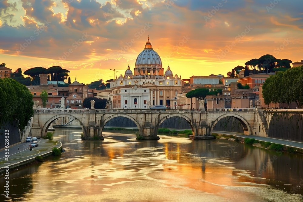 Fototapeta premium Sunset View of St. Peters Basilica and the Tiber River in Rome