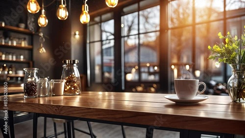 Freshly made coffee is placed on a table in a coffee shop. You can see the sunset over the city from the wide windows.　