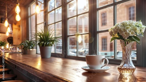 Freshly made coffee is placed on a table in a coffee shop. You can see the sunset over the city from the wide windows.　