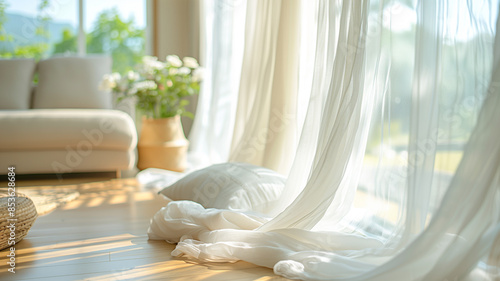 Wallpaper Mural A cozy, bright living room with a light sofa and ceiling-hung curtains. Sunlight bathes the room, adding warmth. Torontodigital.ca