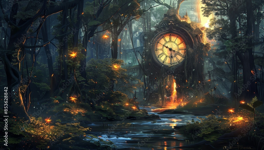 Fototapeta premium A forest with a large clock in the middle by AI generated image