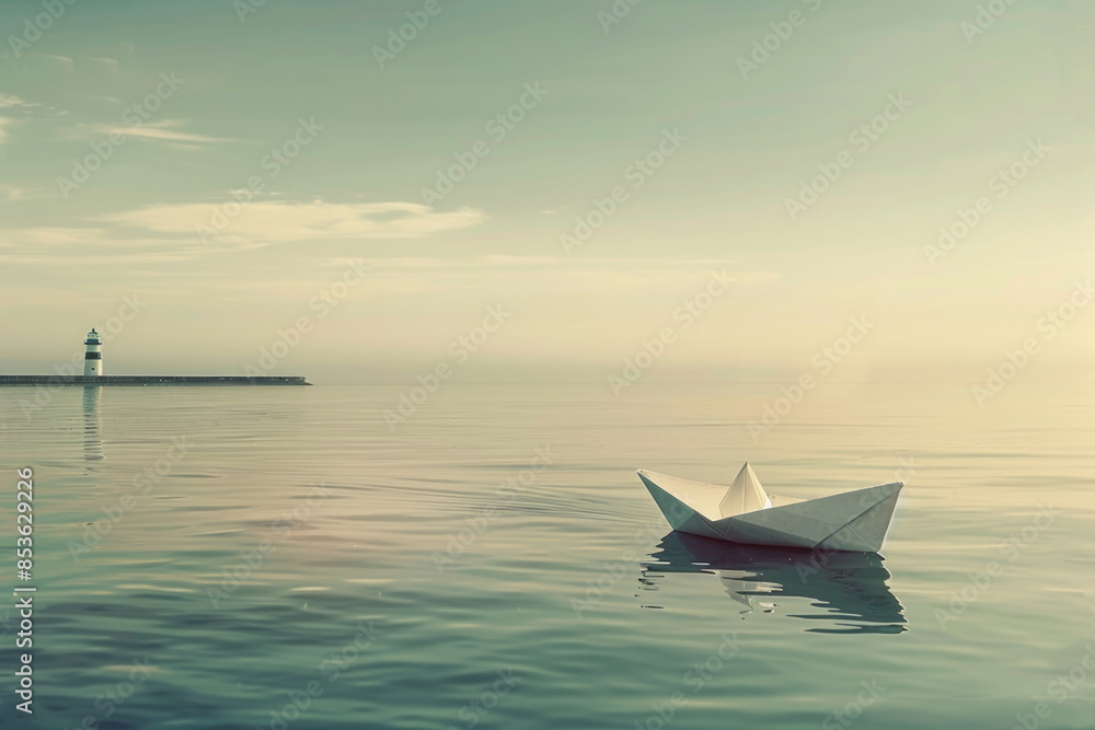 A lone paper boat navigating a vast, calm sea toward a distant lighthouse A lone paper boat navigating a vast, calm sea toward a distant lighthouse
