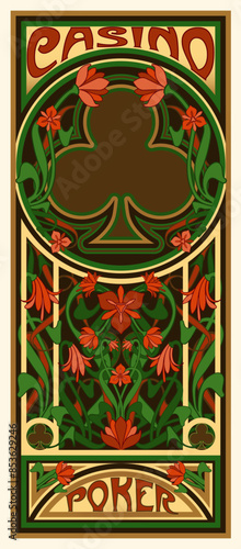 Casino Poker clubs card in art nouveau style, vector illustration