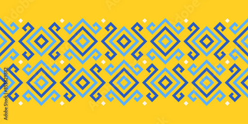  Repeating seamless border pattern, Ukrainian ethnic traditional embroidery vyshyvanka design, vector illustration, flat style, blue and yellow colors