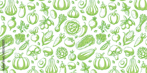 Vegetables, greens seamless pattern, isolated white background. Veggies vector icons set. Minimalist horizontal banner. Organic food, natural eco product. For cover, wrapping paper, textile print