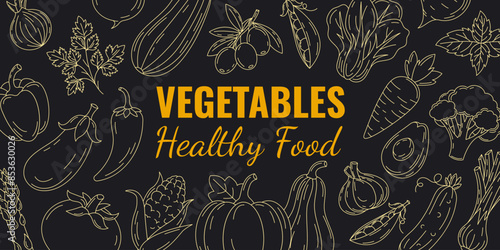 Vegetables dark background, vector line veggies icons. Fresh and healthy farm products, organic, natural food. Horizontal banner, isolated background, space for text. For poster, menu, flyer, brochure