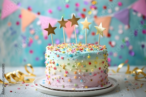 Beautiful pastel rainbow colored birthday cake with gold star cake topper
