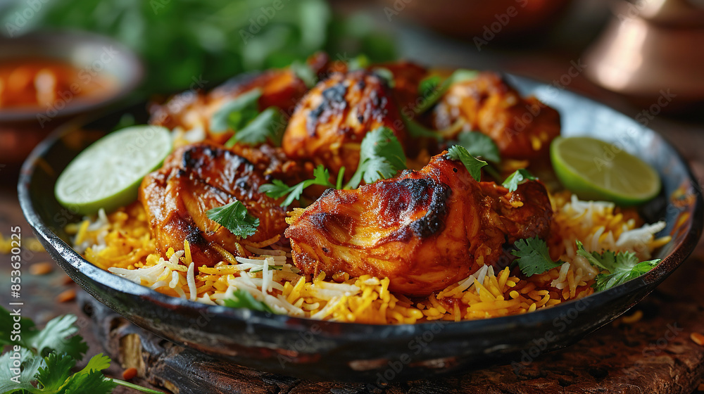 Chicken Biryani With Steamed Basmati Rice On Blurry Background Chicken Biryani With Steamed Basmati Rice On Blurry Background