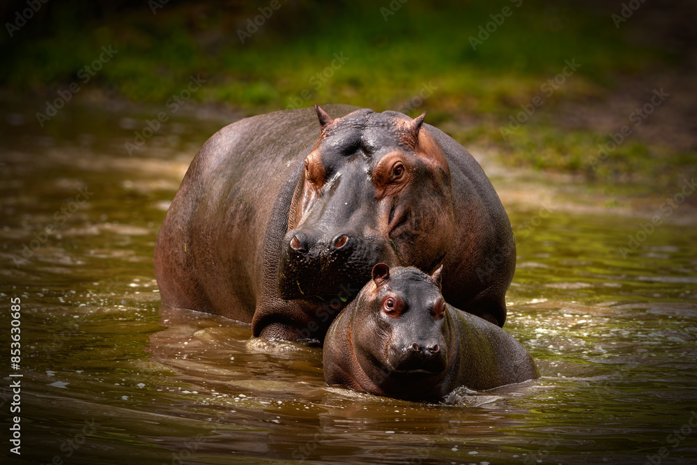 Mother hippo with her baby in the water. This beautifully lit image captures their natural behaviour in the wild or at the zoo. Ideal for topics on African wildlife and animal conservation.