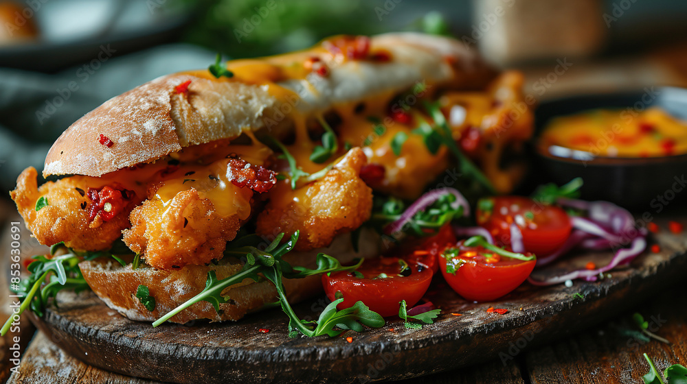 Delicious Shrimp Homemade Po Boy Sandwich Laid out Over A Wooden Board On Blurry Background Delicious Shrimp Homemade Po Boy Sandwich Laid out Over A Wooden Board On Blurry Background