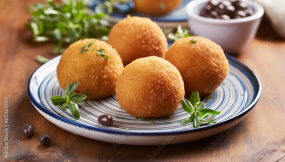 Sicilian arancini on plate. Fried rice balls. Delicious Italian dish. Tasty food. Culinary concept. Sicilian arancini on plate. Fried rice balls. Delicious Italian dish. Tasty food. Culinary concept.