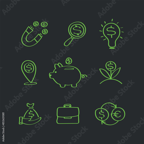 Fanancial icons set. Sketch hand drawn style. photo