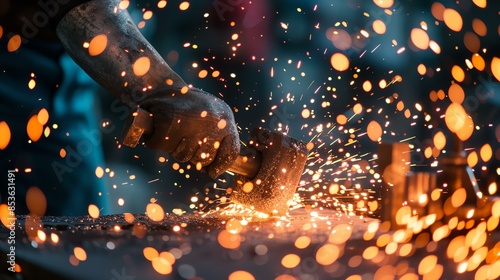 Industrial worker in protective gloves using hammer to forge hot metal, creating sparks.