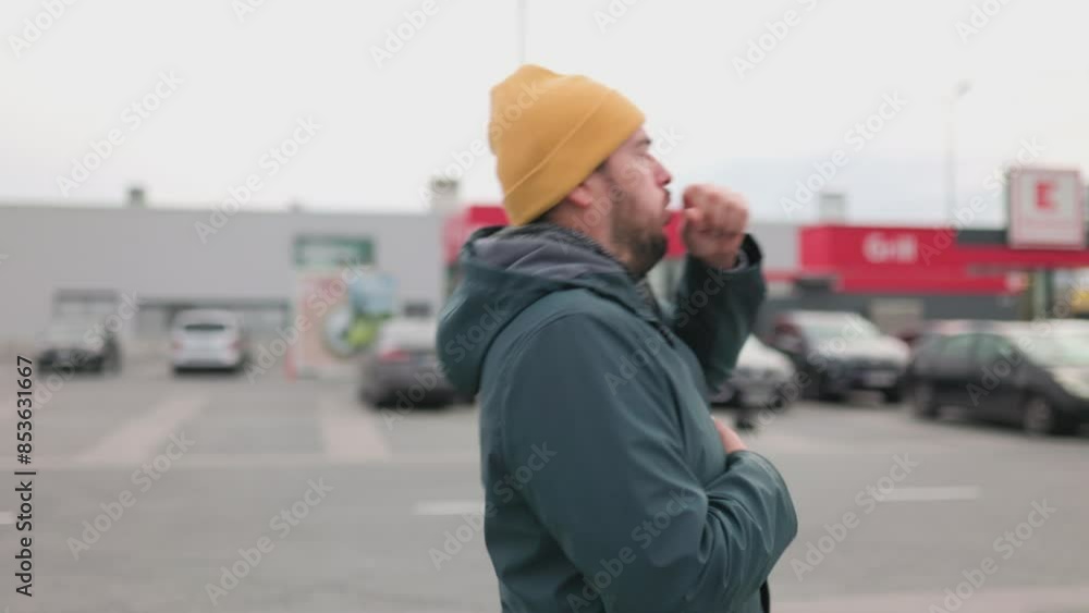 Urban Discomfort Showcasing a Bearded Man Seasonal Flu on City Streets Urban Discomfort Showcasing a Bearded Man Seasonal Flu on City Streets