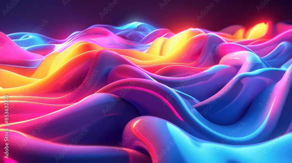 Obraz premium Bright, colorful neon shapes intertwined in a 3D space. Cartoon illustrations Generative AI