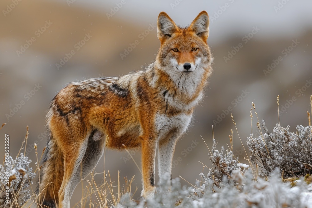 A Ethiopian wolf trotting across the highlands, its slender, reddish body and pointed ears keenly alert to its surroundings. A Ethiopian wolf trotting across the highlands, its slender, reddish body and pointed ears keenly alert to its surroundings.