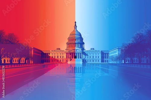 illustration of US Capitol with one half red and the other half blue, republicans vs democrats concept advertisement style,.